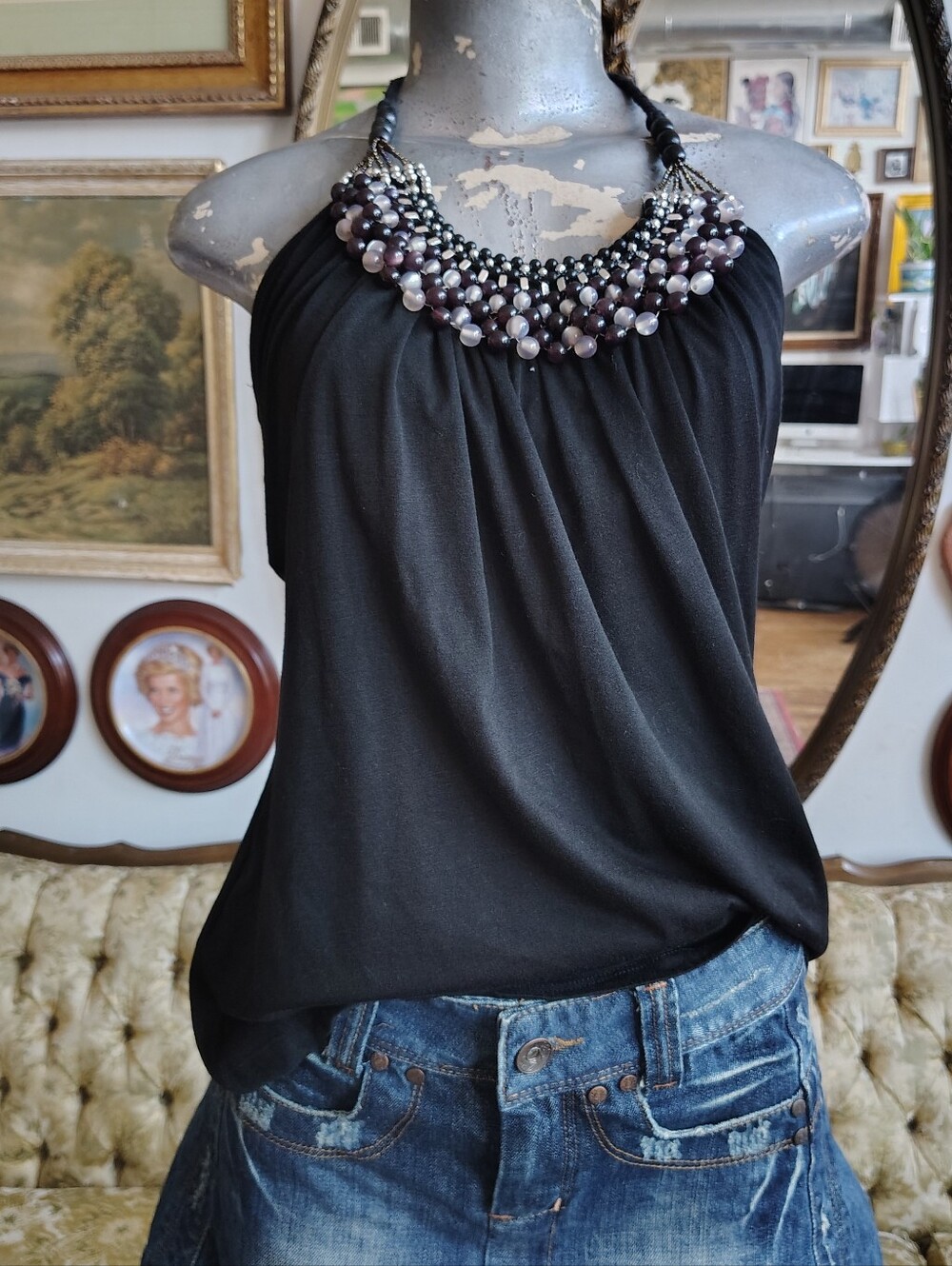 Y2K Vintage Beaded Tank Womens Size Medium Black Cami Top Festival Boho M